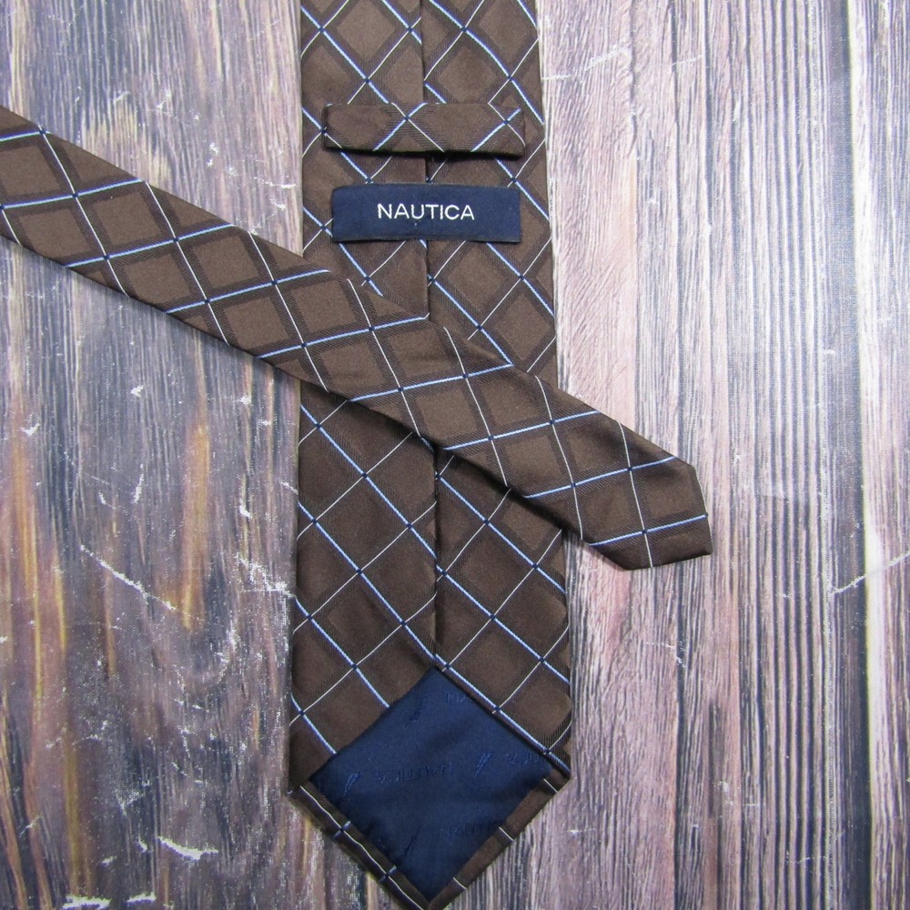 Nautica Necktie Mens OS Brown Blue Windowpane Plaid Geometric 100% Silk Tie